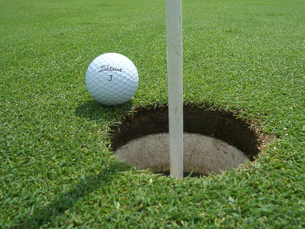 close up of golf ball next to hole